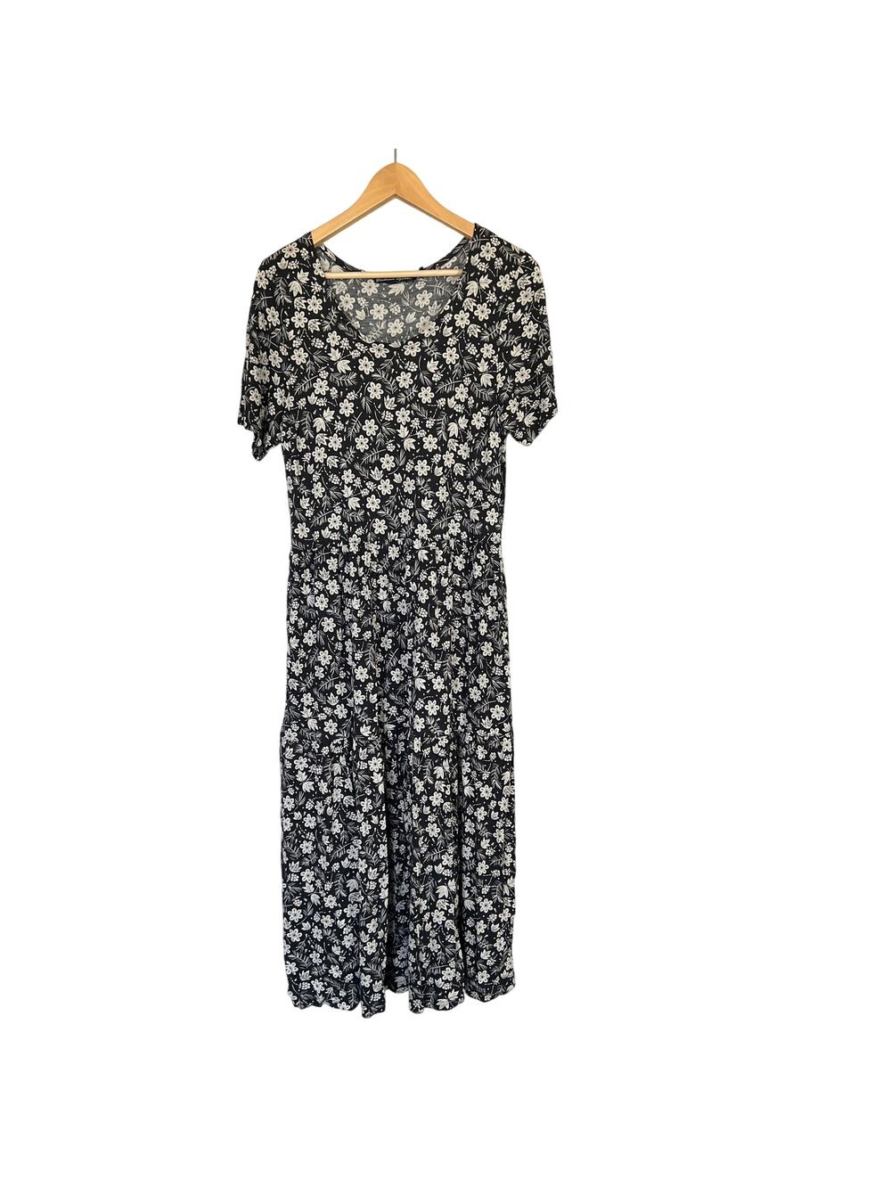 Gudrun Sjoden Black Gray Floral Maxi Dress Women's S Pockets Short Sleeve Modal